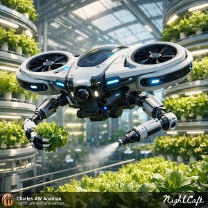 Experimental drone with arms and flight capability in one of the farms underground.