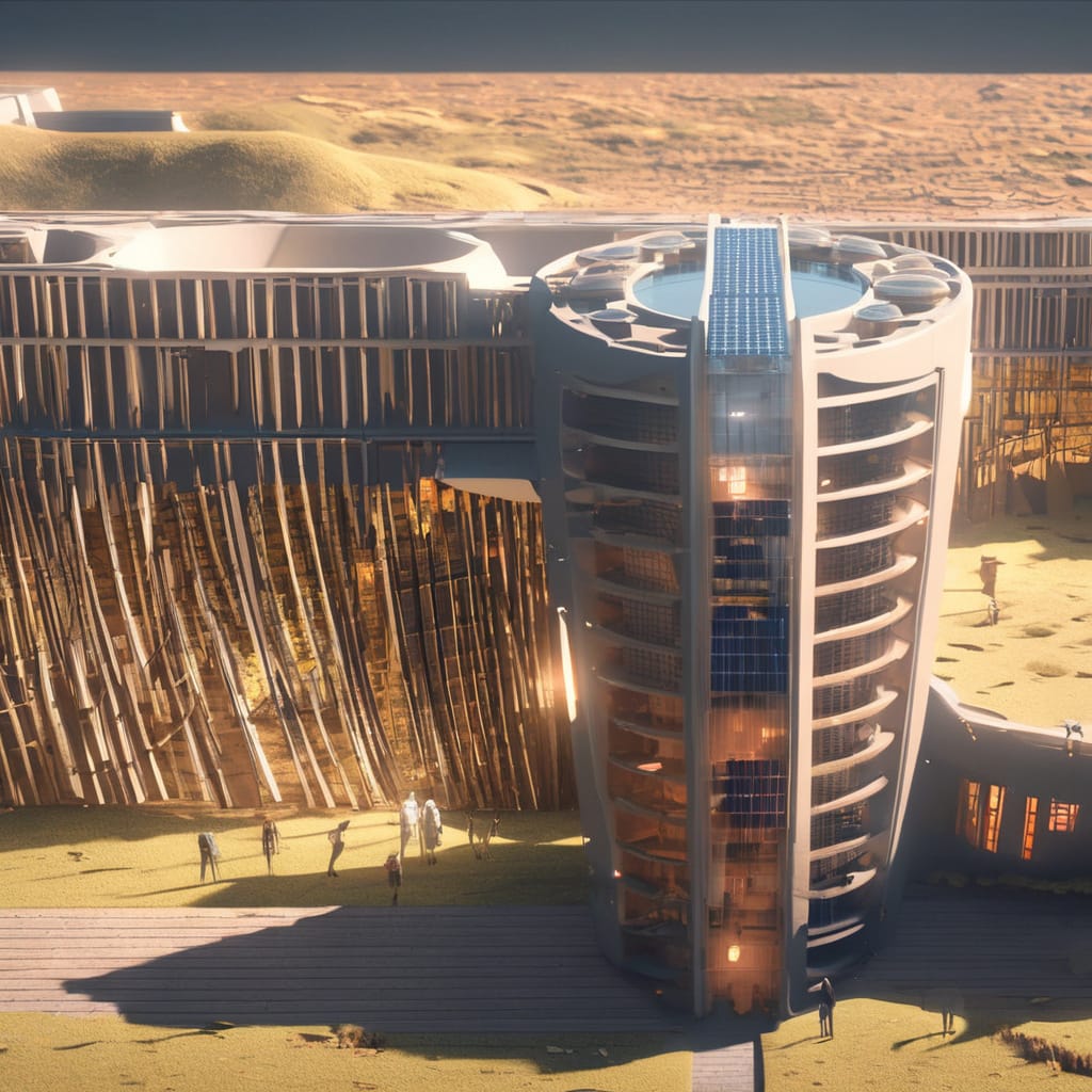 Pre-fab structure with mud-concrete exterior wall surfaces to withstand desert heat.