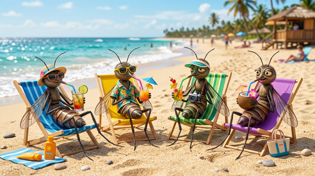 Four mosquitoes sitting on colorful beach chairs drinking tropical cocktails on a sandy beach