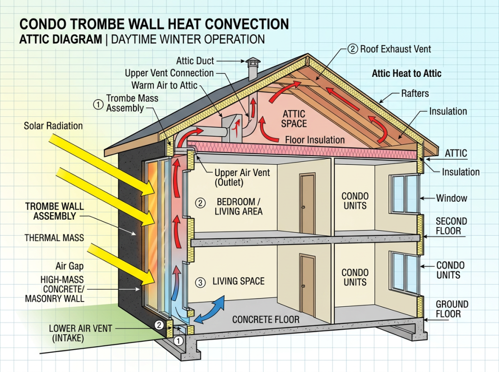 Diagram of Trombe wall heat convection in condo with labeled airflow and insulation. Heat pump can be installed in later stages in the attic for higher efficiency.