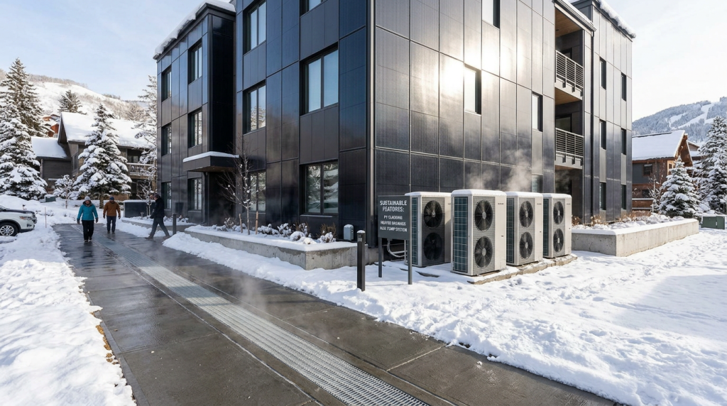 Modern black building with heat pump units and snow-covered ground